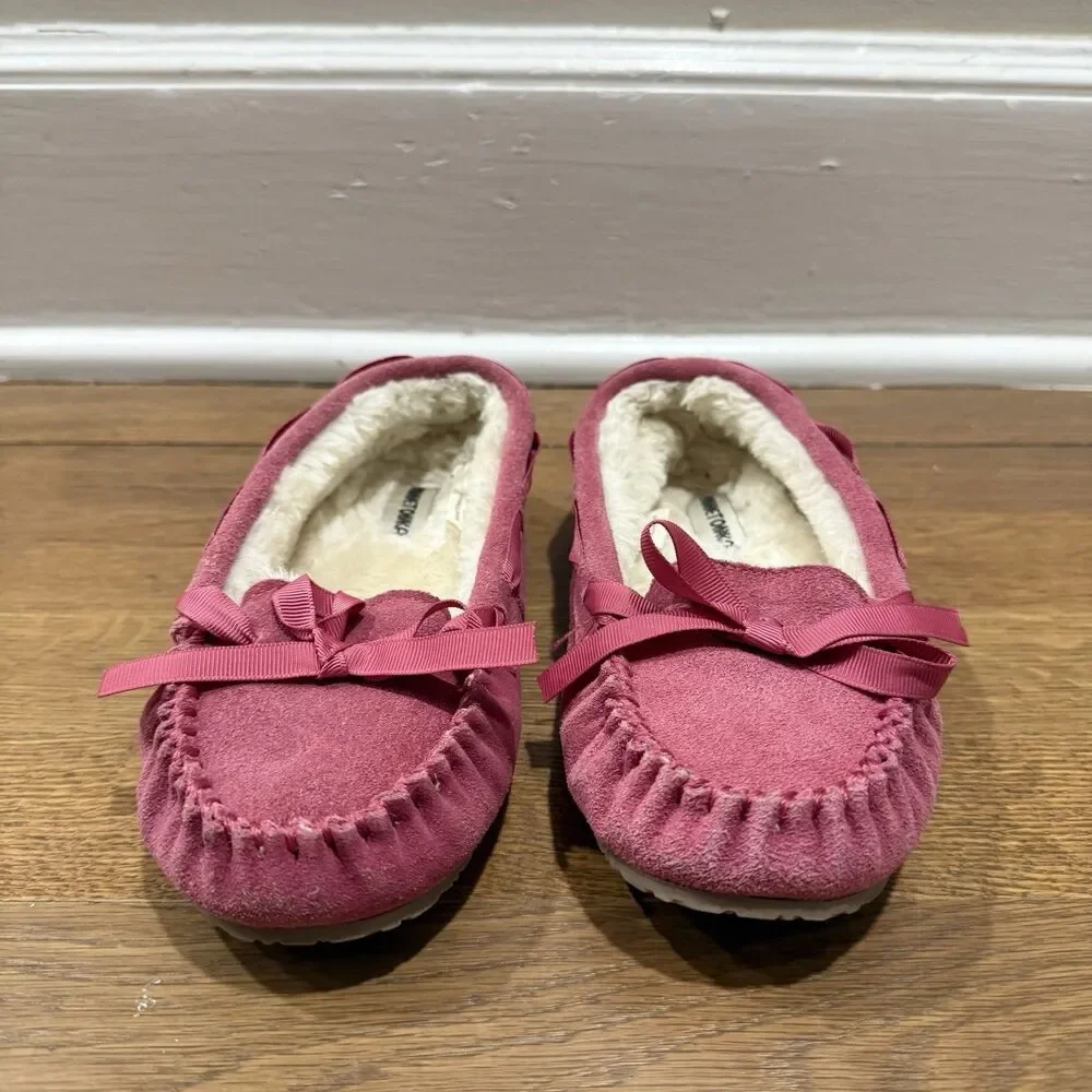 Minnetonka Slippers Child 2 Moccasin Pink Leather Faux Fur Cozy Slip On Comfort